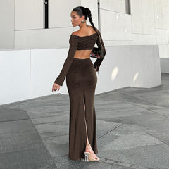 Casual Off Shoulder Cropped Long Sleeve Maxi Skirt Set