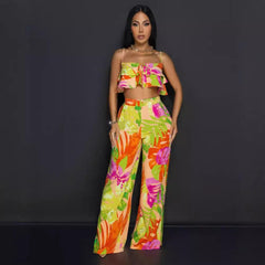 Floral Printed Wide Leg Two Piece Pant Set