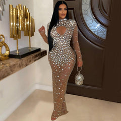 Women round Neck Rhinestone Dress Maxi