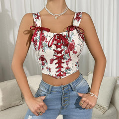 Sexy Lace up Corset Floral Camisole Top