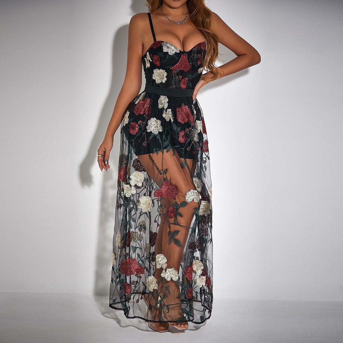 Embroidered Floral Base Slim Fit Belt Steel Ring Dress - 808Lush