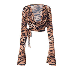 Women Tiger Stripe Pattern Slit Swing Collar Lace up Sexy Mesh Long Sleeve Top