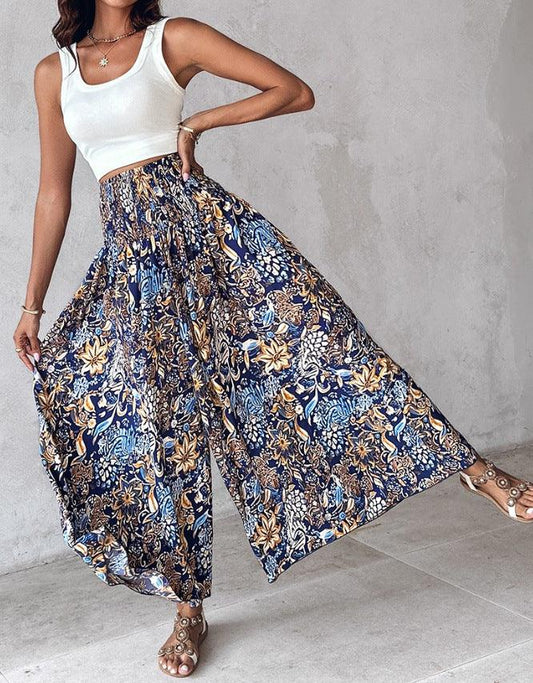 Women Printed Waist-Controlled Casual Trousers Wide Leg Pants