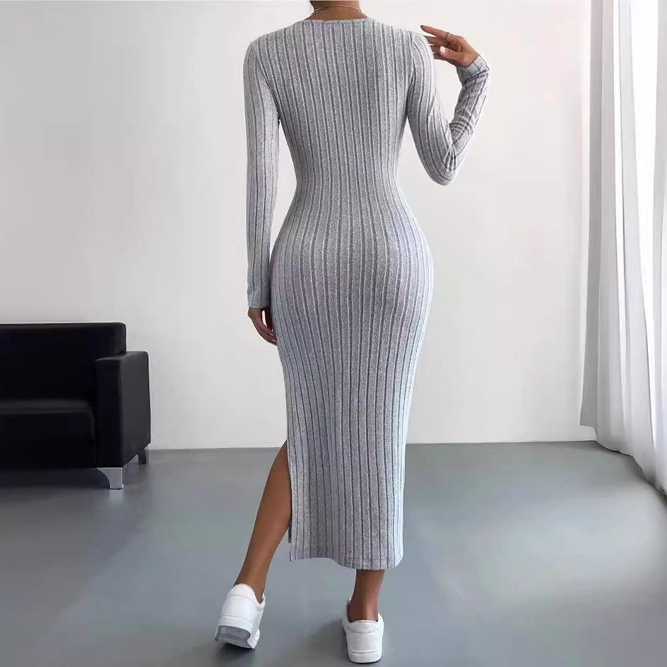 Long Sleeve Crew Neck Split Knitted Maxi Dress - 808Lush