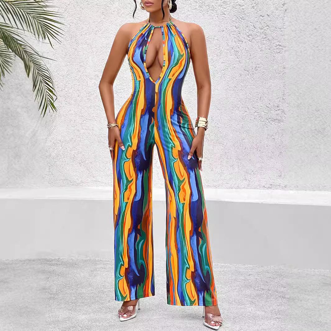 Sleeveless Sexy Wide Leg Printing Jumpsuit