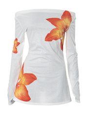 Sexy Off Neck Beautiful Maple Leaf Printed Mesh Long Sleeve Top