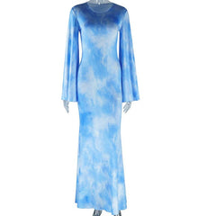 Round Neck Dress Printed Sleeve Maxi Dress