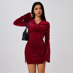 Women Sexy Dress Long Sleeve Pleated Short Dress