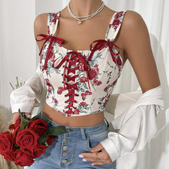 Sexy Lace up Corset Floral Camisole Top