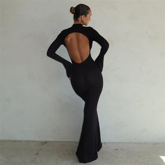 Round Neck Long Sleeve Sexy Backless Maxi Dress - 808Lush