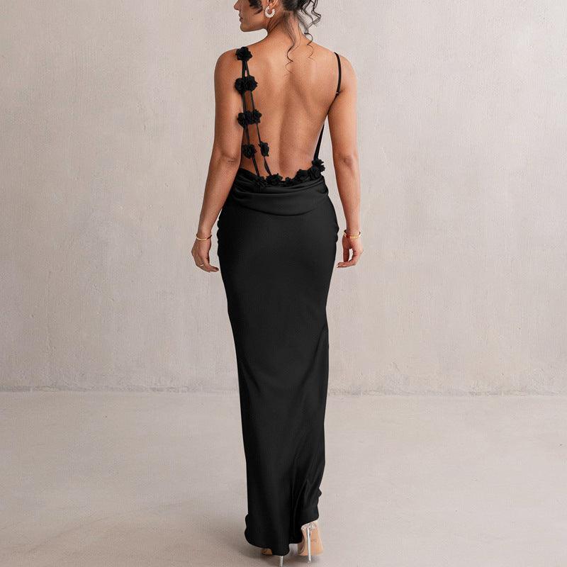 Floral Decoration Elegant Maxi Dress Backless Sling Dress - 808Lush