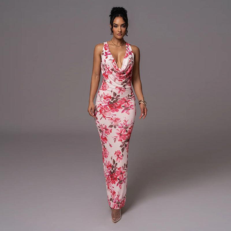 Floral Maxi Dress Printed Collar Vest Dress - 808Lush