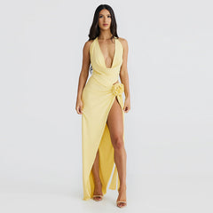 Backless Sexy Deep V Plunge Neck High Slit Skirt Set