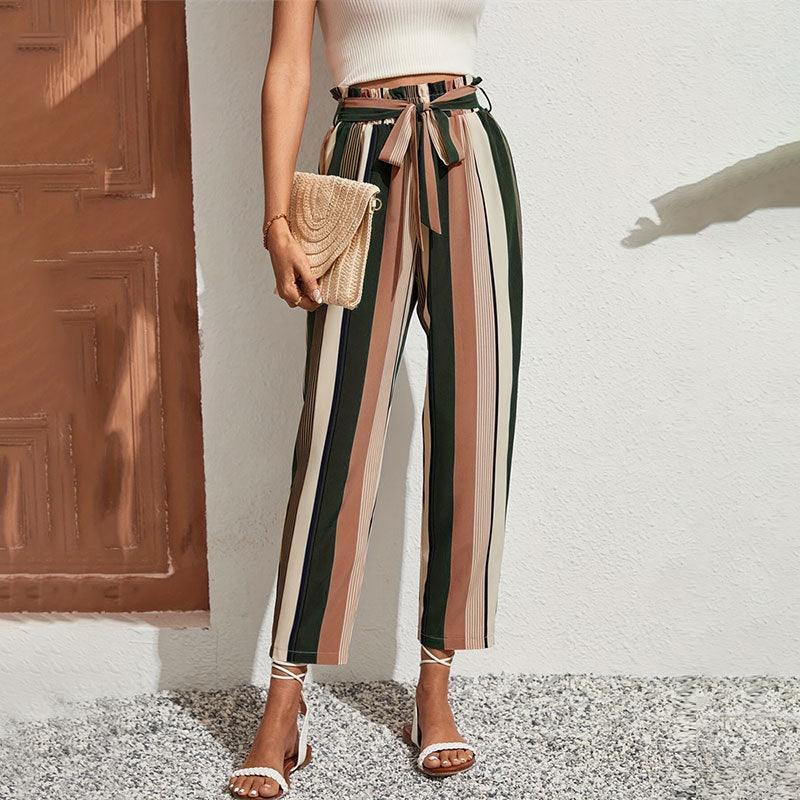 Women Pants Striped Printed With Belt Waist Ankle Office Casual Pants