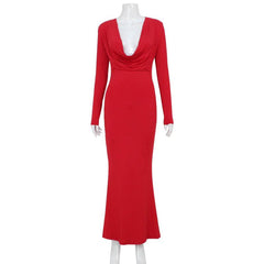 Deep V Plunge Long Sleeve Slim Fit Maxi Dress