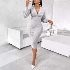 Women Clothing Africa Sexy V Neck Solid Color Sheath Dress