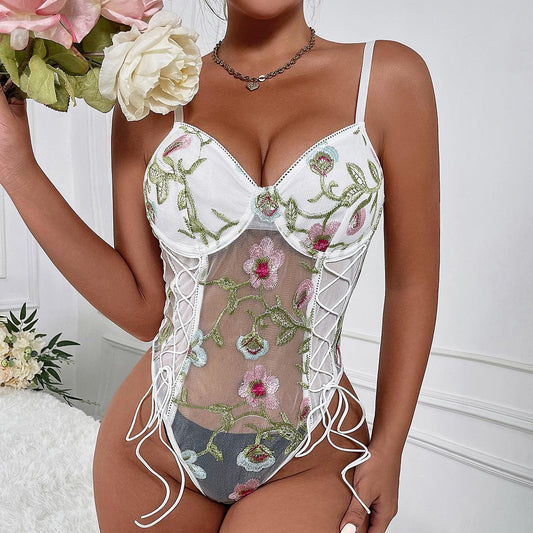Floral Embroidery Sexy See through Lace up bodysuit - 808Lush