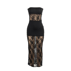 Sleeveless Sexy Lace Bandeau Mesh Maxi Dress