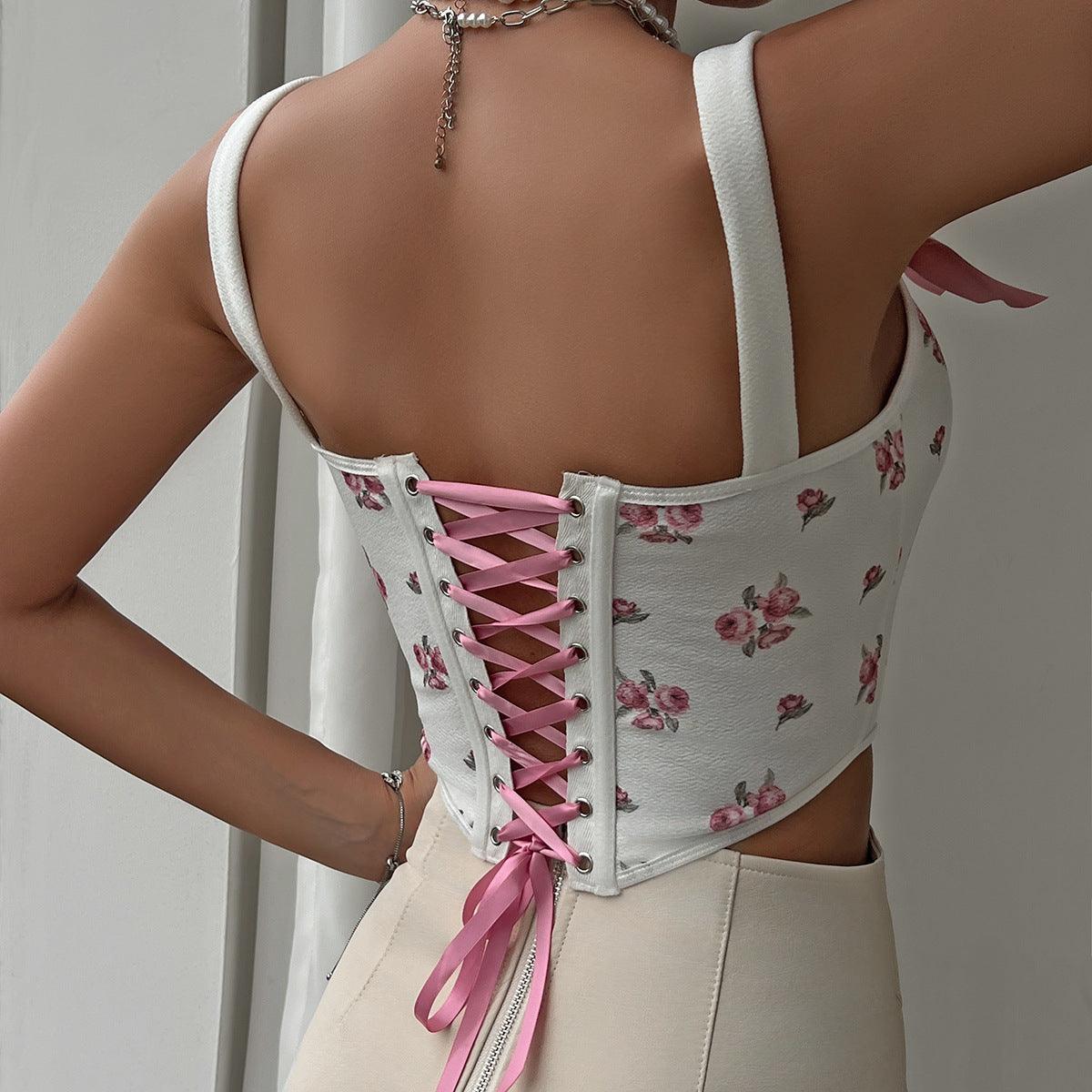 Sexy Lace Up Backless Print Waist Top - 808Lush