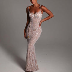 Sexy Lace Stitched Backless Sleeveless Split Maxi Dress