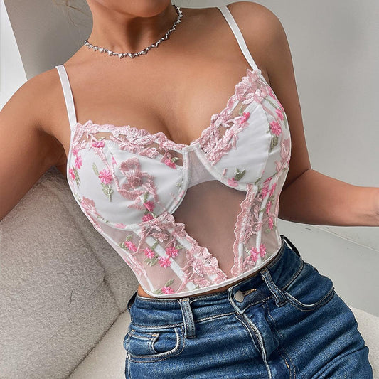 Sexy Floral Embroidered Mesh Corset Top - 808Lush