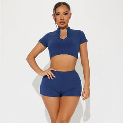 Short Sleeve Cropped Top Stretch Shorts Set