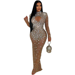 Women round Neck Rhinestone Dress Maxi