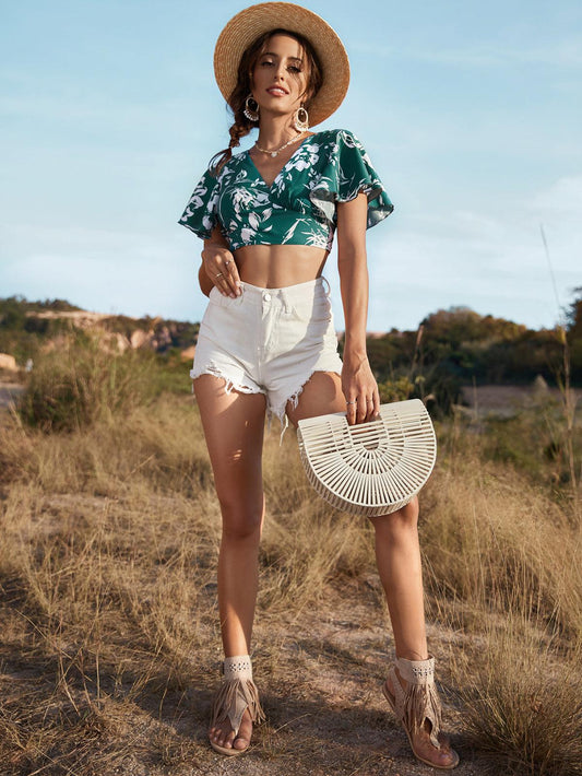 Summer V neck Dark Green Ruffle Sleeve Cropped Top