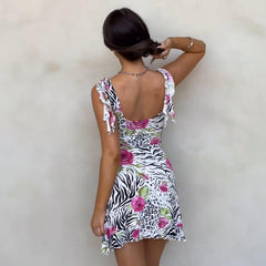 Floral Printed Sexy Backless Split Mini Dress