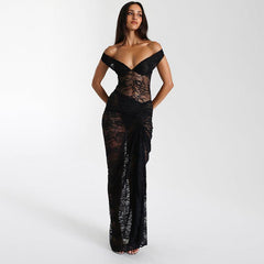 Women Summer Lace off Shoulder See through Skirt Set