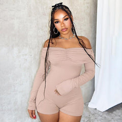 Off Shoulder Pleating Long Sleeve Tight High Waist Romper