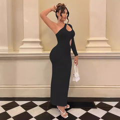 One Shoulder Diagonal Collar Long Sleeve Cutout Maxi Dress