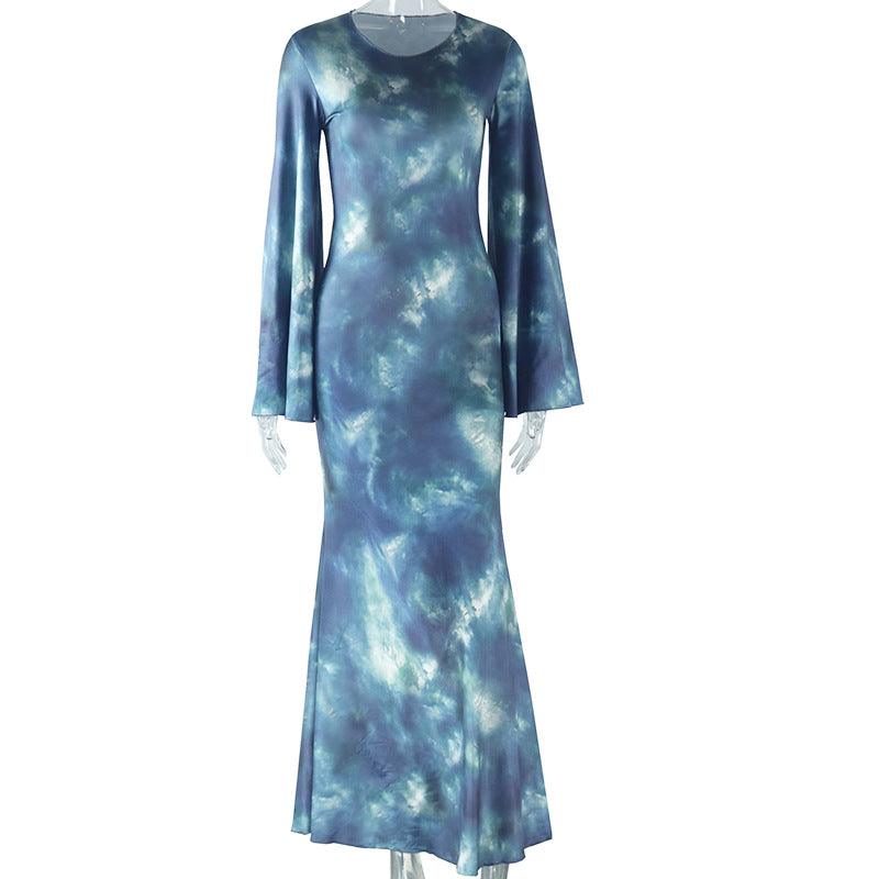 Round Neck Dress Printed Sleeve Maxi Dress