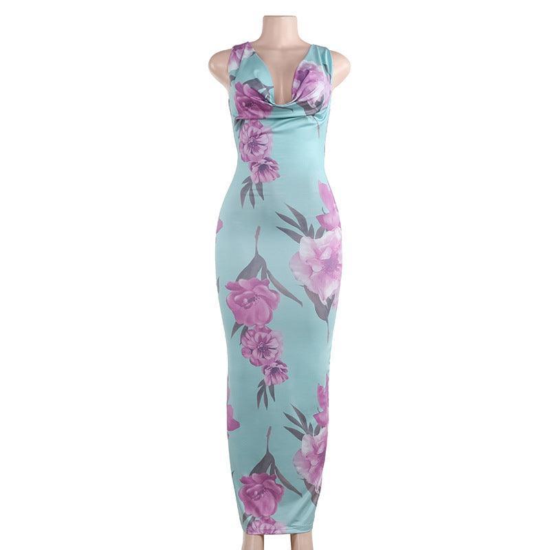 Floral Maxi Dress Printed Collar Vest Dress - 808Lush