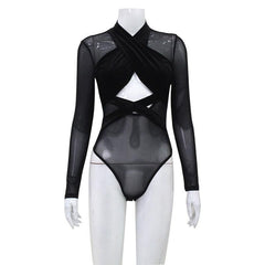 Mesh Velvet Stitching Sexy Hollow Out Long Sleeve Bodysuit