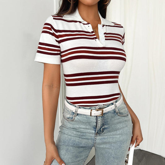 Slim Polo Collar Striped Top Women