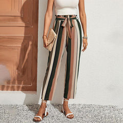 Women Pants Striped Printed With Belt Waist Ankle Office Casual Pants