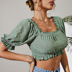 U Collar Lace Puff Sleeve Cropped Top