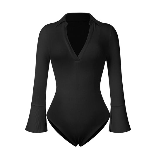 Sexy Rib Long Sleeve V neck women bodysuit - 808Lush