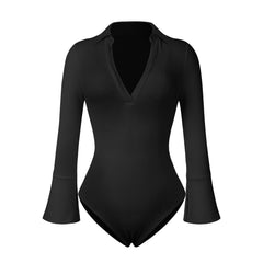 Sexy Rib Long Sleeve V neck women bodysuit - 808Lush