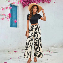 Leaf Printed Casual Wide Leg Pants Two Piece Set