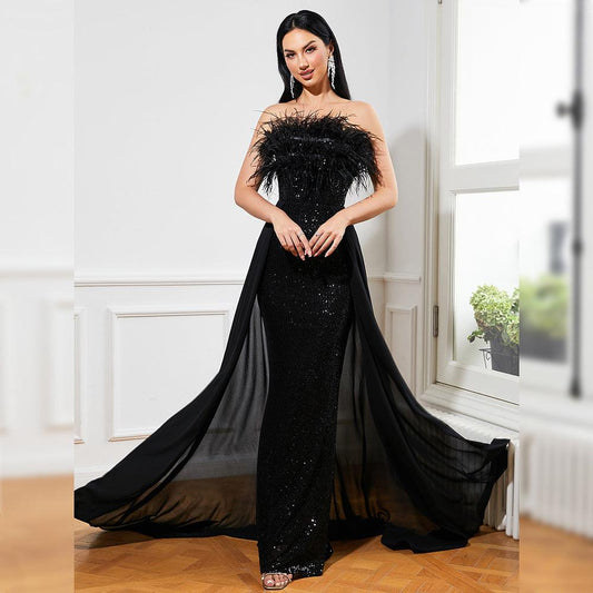 Sexy Long Sequined Sleeveless Feather Wrapped Chest Backless Cocktail Evening Dress Bridesmaid Bodycon Maxi Dress Women - 808Lush