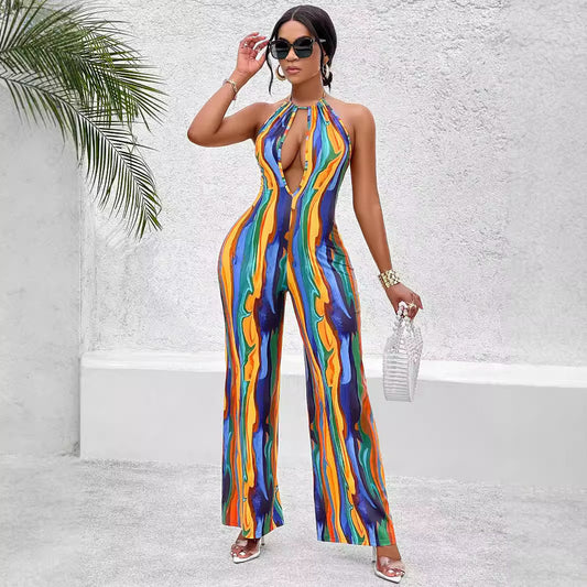 Sleeveless Sexy Wide Leg Printing Jumpsuit