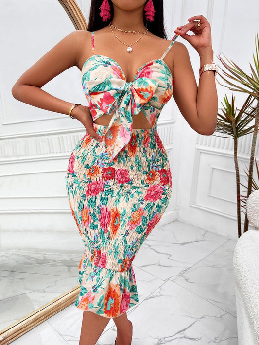 Casual Floral Printed Cutout Sling Dress - 808Lush