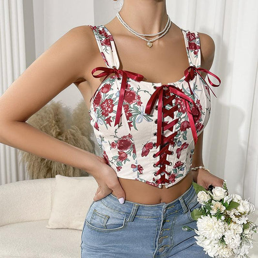 Sexy Lace up Corset Floral Camisole Top