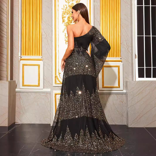 Sequined One Shoulder Sleeve Cocktail Evening Dress