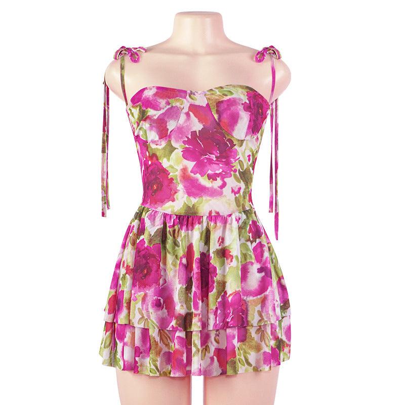 Summer Sleeveless Floral Print Straps Mini Dress