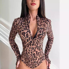 Leopard Print Stand Collar Long Sleeve Bodysuit