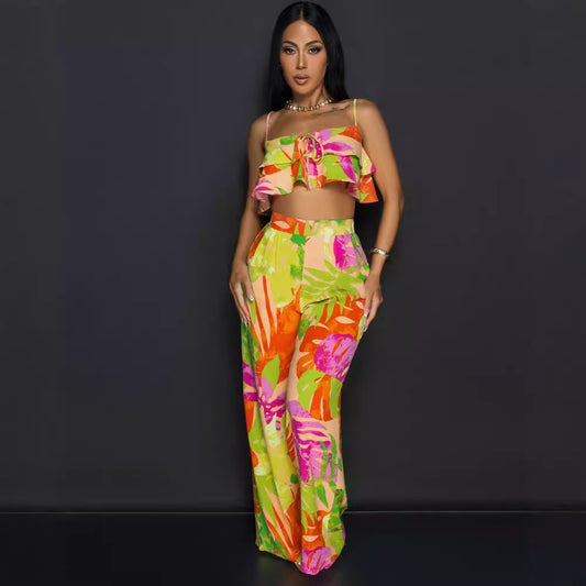 Floral Printed Wide Leg Two Piece Pant Set