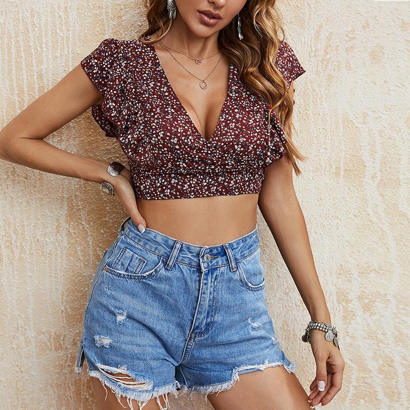 Summer V neck Ruffle Lace up Dew Short Top